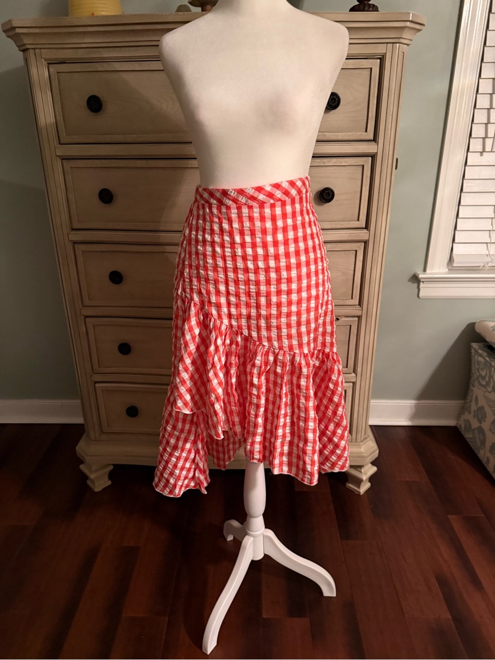 Red Gingham Ruffle Midi Skirt